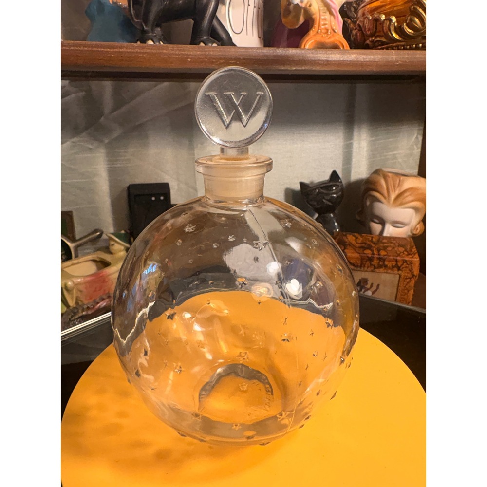 Vintage Etched Star Glass Perfume Decanter Bottle Round with W Stopper Clear